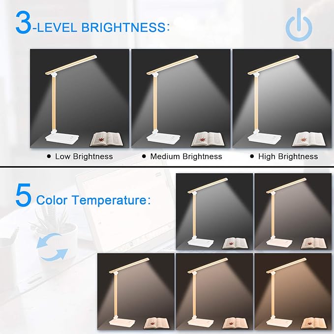 Desk Lamps for Home Office Dimmable LED Desk Lamp with USB Charging Port, Eye Caring Table Lamp, Touch Control with 5 Lighting Modes 3 Level Brightness - LeafyLoom