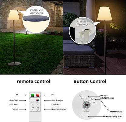 Solar Floor Lamp for Patio Waterproof, Outdoor Floor Lamp with Light Sensor, USB Rechargeable Cordless Floor Lamp with Remote, Dimmable Warm White and Height Adjustable for Lawn Yard Pool Garden - LeafyLoom