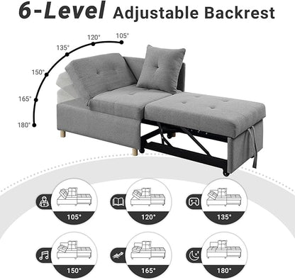 4-in-1 Convertible Sleeper Sofa, Single Pull Out Couch Chair with 6-Level Adjust Backrest Loveseat with Storage and Pillows, Modern Recliner for Living Room Apartment Office, Grey - LeafyLoom