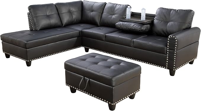 Set L-Shaped Sectional Sofa with 2 Cup Holders,Deep Seat Sleeper Sofá w/Reversible Wide Chaise, Corner Couch with Armrests and Movable Storage Ottoman for Living Room, 1, 1-1PU Black - LeafyLoom