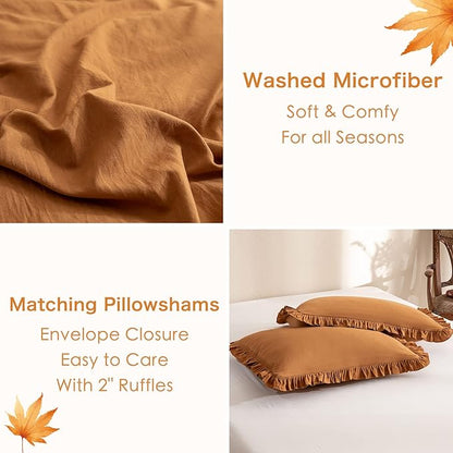 Pumpkin Farmhouse King Size Comforter Set,Shabby Boho Chic Bedding Ruffled King Bed Comforter Vintage Rustic Burnt Orange Bedding Sets 3 Pieces (1 Ruffle Comforter and 2 Pillowcases) - LeafyLoom