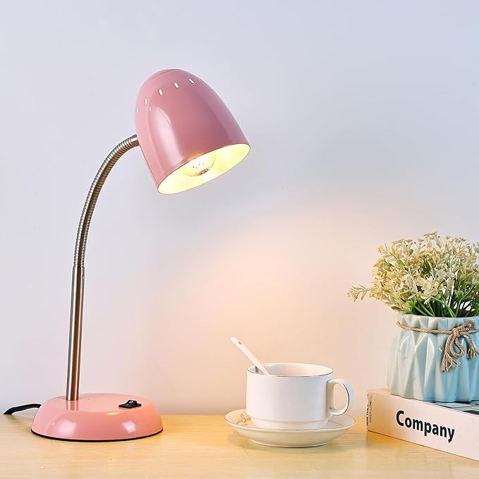 Eye-Caring Table Lamp of Simple Designs Home E26 Led Screw Basic Metal Desk Lamp with Flexible Gooseneck Hose Neck Study Lamp for Bedroom Office Living Room Convenient On/Off Switch(Pink) - LeafyLoom