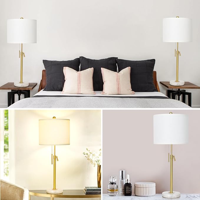 Lamp Modern Set of 2: 22" to 30" Height Adjustable Pull Chain Switch for Living Room Bedroom End Table, Marble Base White Linen Shade Golden Pole Nightstand Lamp Brass for Office, Bedside Table - LeafyLoom