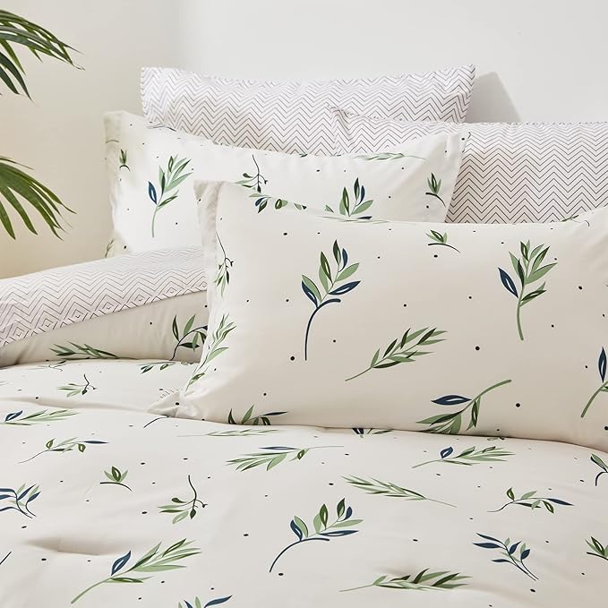 EMME Queen Comforter Set - Sage Green Floral Bedding Set 7 PCS with Nature Leaves Pattern, Soft Leaf Printed Botanical Bed Set with Sheets, Fluffy Bed Bag for All Season(90"X90") - LeafyLoom