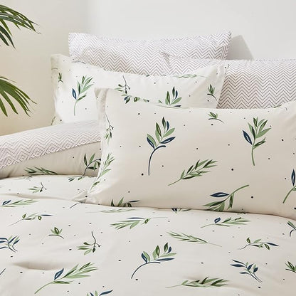 EMME Twin Comforter Set - Sage Green Floral Bedding Sets 5 PCS with Nature Leaves Pattern, Soft Leaf Printed Botanical Bed Set with Sheets, Fluffy Bed Bag for All Season(68"X90") - LeafyLoom