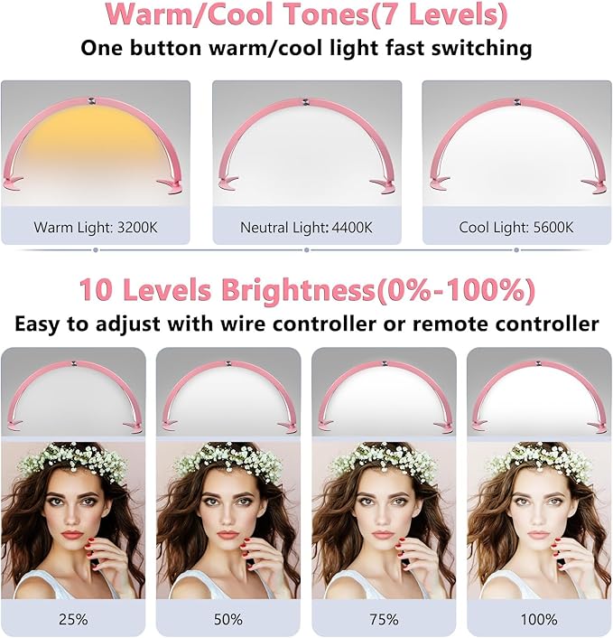 Half Moon Light for Nail Desk, 29in Foldable Half Moon Table Lamp Nail Desk Lamp with Wire Controller & Remote, Lash Light Lamp for Eyelash Extensions, 7 Cool/Warm Tones & 10 Brightness - LeafyLoom