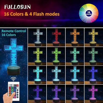 FULLOSUN Jesus Cross 3D Night Light, Christ Optical Illusion Lights 16 Colors Change with Remote Control, The Lord Desk Lamps Room Home Decor Xmas Birthday Easter Gifts - LeafyLoom