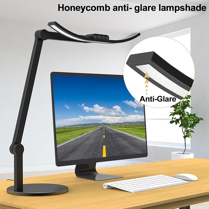 Led Desk Lamp for Home Office, Architect Curved Desk Lamp with Base Bright 1000LM Adjustable Desk Light Dimmable Touch Tall Table Light with 3 Rotatable Joints for Computer Workbench - LeafyLoom