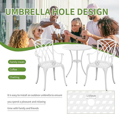 White Bistro Table and Chairs Set of 2, Cast Aluminum White Bistro Set Outdoor, Patio Bistro Sets with Umbrella Hole, Round Back Yard Set for Porch Balcony Garden - LeafyLoom