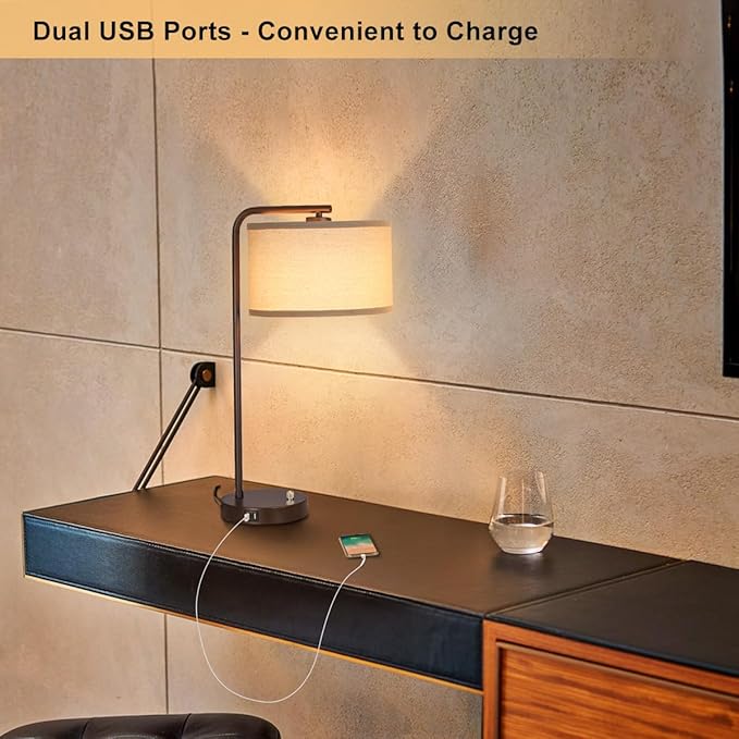 Table Lamps Set of 2, Fully Dimmable Bedside Lamp with Dual USB Charging Ports, Modern Nightstand Lamps with Linen Fabric Shades, Tall Desk Lamp for Bedroom, Living Room, Office, LED Bulb Included - LeafyLoom