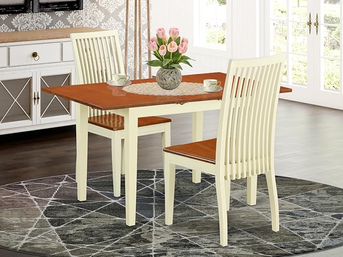 East West Furniture NOIP3-BMK-W 3 Piece Kitchen Set Contains a Rectangle Dining Room Table with Butterfly Leaf and 2 Solid Wood Seat Chairs, 32x54 Inch - LeafyLoom