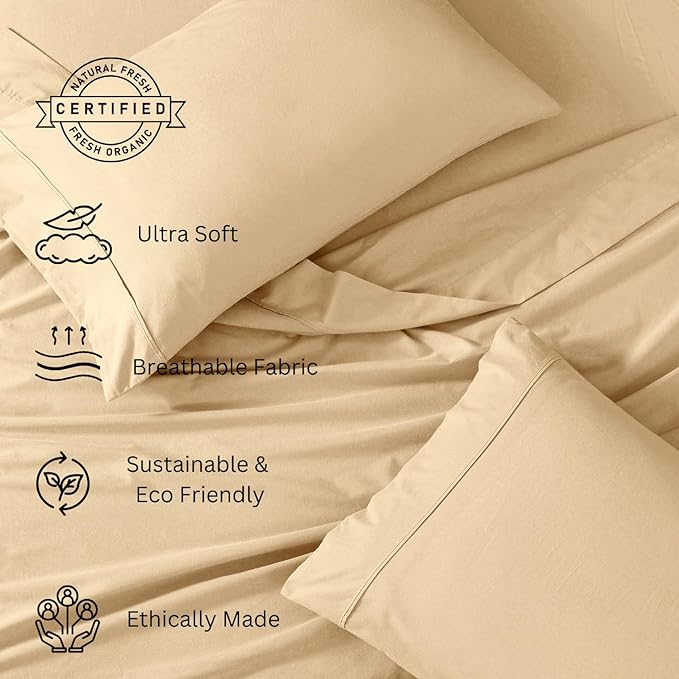 LANE LINEN 100% Organic Cotton Twin XL Sheets Set 3-Piece Pure Percale Soft Bedding Breathable Fits Mattress Upto 15" Deep - Linen - LeafyLoom