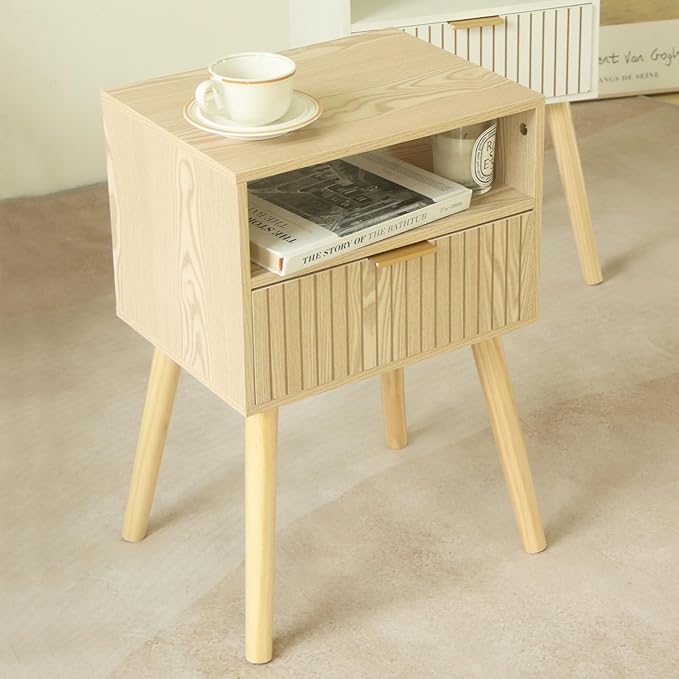 MaxSmeo Small Nightstand Wood Bedside Table with Drawer, Modern End Table for Bedroom and Small Spaces, Solid Wood Legs, Easy Assembly, Natural - LeafyLoom