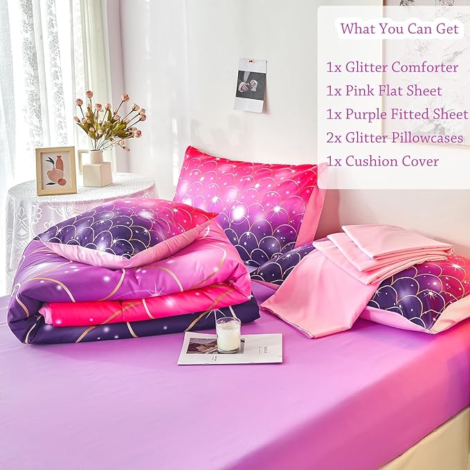 URBONUR Purple Glitter Comforter Set Queen Size for Girls 6 Piece Bed in A Bag Comforter with Sheets Set, Gradient Pink Purple Sparkle Mermaid Fish Scales Bedding Comforter Set - LeafyLoom