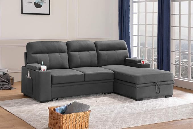 RITSU L-Shaped Reversible Sectional Sofa, Armrests with Storage Space and Cup Holders, Pull Out Couch Bed, Microfiber Upholstered Backrest, Suitable for Living Room/Apartment, Gray, 94inch - LeafyLoom