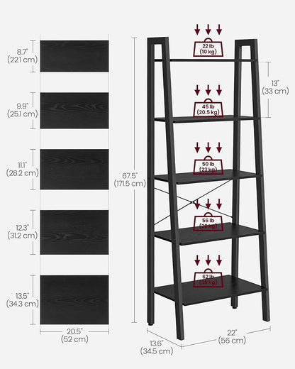 VASAGLE Ladder Shelf, 5-Tier Bookshelf, Storage Rack, Bookcase with Steel Frame, for Living Room Home Office, Kitchen, Bedroom, Industrial Style, Ebony Black + Black - LeafyLoom