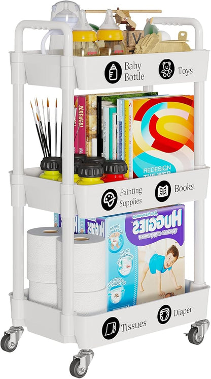 3-Tier Storage Cart,Multifunction Kitchen Storage Organizer,Mobile Shelving Unit Utility Rolling Cart with Lockable Wheels for Bathroom,Laundry,Living Room,With Classified Stickers,White - LeafyLoom