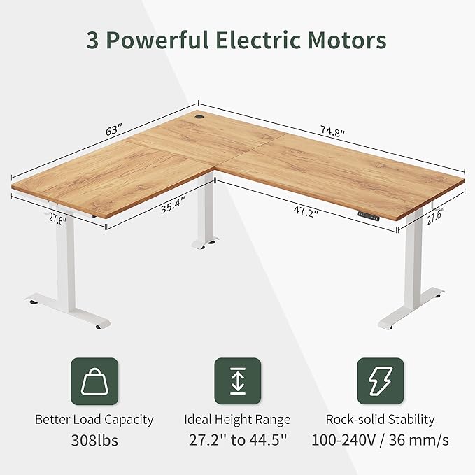 FEZIBO 75 Inches, Supports over 300mlbs, L Shaped Standing Desk Reversible, Electric Height Adjustable Corner Stand up Desk, Sit Stand Desk Computer Workstation, White Frame/Light Rustic Brown Top - LeafyLoom