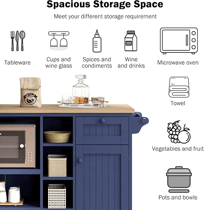 Mobile Kitchen Cart with Storage Cabinet & Solid Wood Desktop, Kitchens Island on Wheels w/Adjustable Shelf and Drawer, Floor Standing Buffet Sideboard for Dining Room, Bar - LeafyLoom