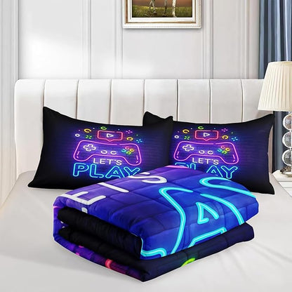 Gamer Comforter Sets,Gaming Bedding Set for Boys 6 pcs,Kids Comforter Sets for Boys,Twin Purple Comforter Sets for Boys,Bed in A Bag with Sheets(Twin,Purple Color) - LeafyLoom