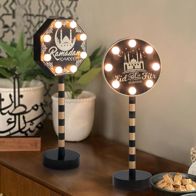 Vanthylit 2 Pack Ramadan Decorations for Home, Wooden Ramadan Mubarak Table Centerpiece Lights, Eid Mubarak Crafts Night Light Battery Powered Islamic Muslim Gifts for Party Desk Decor - LeafyLoom