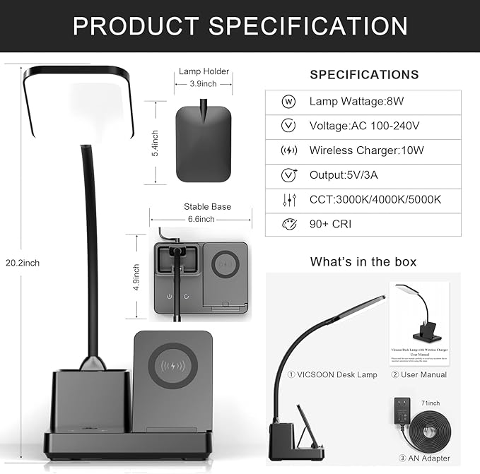 Desk Lamp with Wireless Charger USB Charging Port, Eye-Caring Desk Lamp for Home Office with Pen Holder, Dimmable Table Lamps 3 Color Modes - LeafyLoom