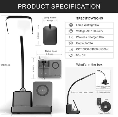 Desk Lamp with Wireless Charger USB Charging Port, Eye-Caring Desk Lamp for Home Office with Pen Holder, Dimmable Table Lamps 3 Color Modes - LeafyLoom