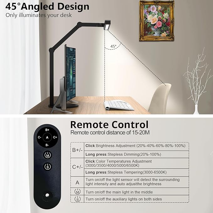 Micomlan Architect Desk Lamp with Remote Control, Adjustable Led Desk Light for Home Office with Base, 24W Bright Auto Dimming Table Light Rotatable Office Lamp with Swing Arm for Computer Cafting - LeafyLoom