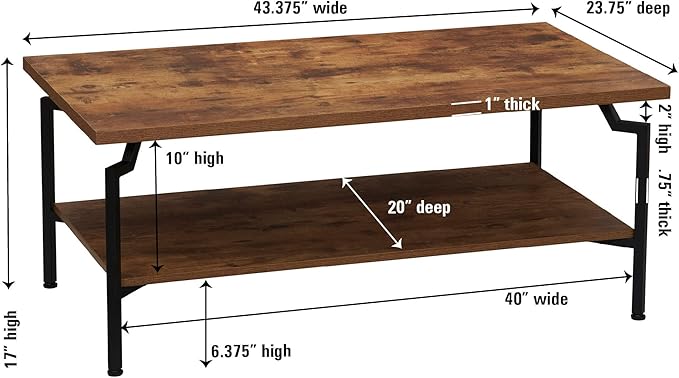 Household Essentials Crown Rectangular Coffee Table with Storage Shelf Rustic Hickory Wood Grain and Black Metal - LeafyLoom