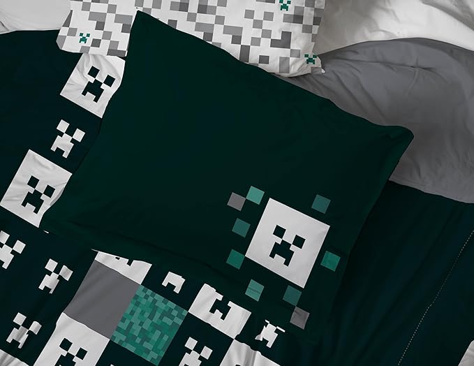 Minecraft Creeper Twin Comforter Set - 5 Piece Gamer Bedding includes Sheet Set & Pillow Covers - Super Soft Checkered Kids Bedding - LeafyLoom