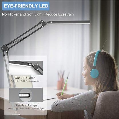 LED Desk Lamp,Adjustable Swing Arm Desk Lamp with Clamp,Dimmable Desk Light Eye-Care Table Light, Memory Function, 3 Color Modes, 10-Level Brightness Table Lamp for Home, Office, Study, Reading - LeafyLoom