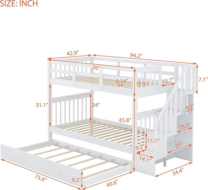 Twin Over Twin Bunk Bed with Stairs Storage and Trundle, Stairway Wooden 3 Bedframes in 1 with Safety Guardrails, for Kids Teens Adult Bedroom, White - LeafyLoom