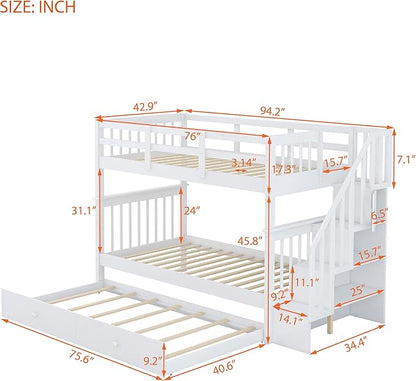 Twin Over Twin Bunk Bed with Stairs Storage and Trundle, Stairway Wooden 3 Bedframes in 1 with Safety Guardrails, for Kids Teens Adult Bedroom, White - LeafyLoom