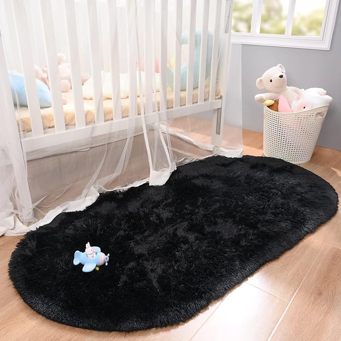 Merelax Soft Shaggy Rug for Kids Bedroom, Oval 2.6'x5.3' Black Plush Fluffy Carpets for Living Room, Furry Carpet for Teen Girls Room, Anti-skid Fuzzy Comfy Rug for Nursery Decor Cute Baby Play Mat - LeafyLoom