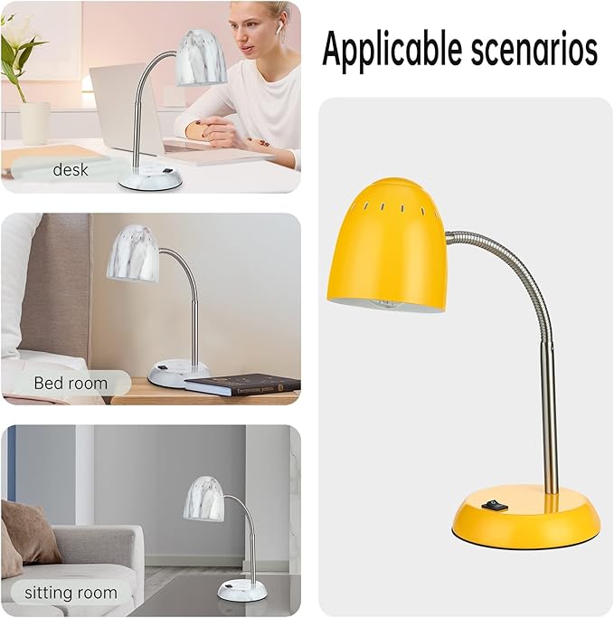 Eye-Caring Table Lamp of Simple Designs Home E26 Led Screw Basic Metal Desk Lamp with Flexible Gooseneck Hose Neck Study Lamp for Bedroom Office Living Room Convenient On/Off Switch(Yellow) - LeafyLoom