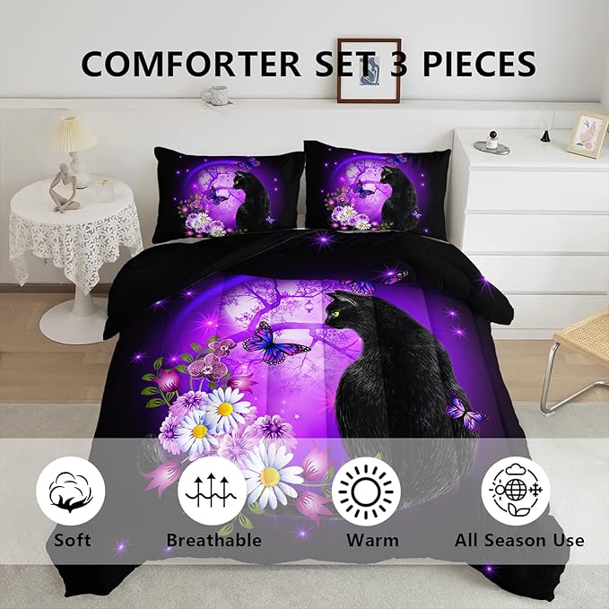 Black Cat Bedding Cartoon Cat Comforter Set Queen,Daisy Butterflies Printed Kids Bedding Set for Kids Boys Girls Adults Room Decor,Kids Comforter Set All Season,1 Quilt 2 Pillow Cases,Purple - LeafyLoom