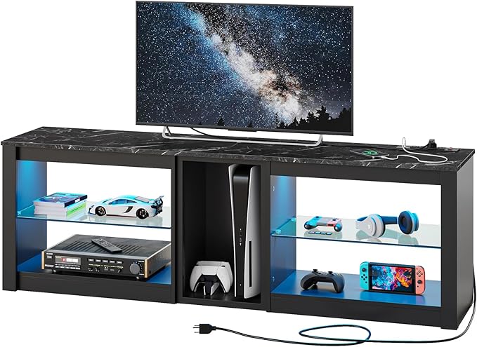 Bestier TV Stand for 70 inch TV with Power Outlets, LED Entertainment Center for PS5, Gaming TV Consoles with Glass Shelves for Living Room, 63'' Inch, Black Marble - LeafyLoom