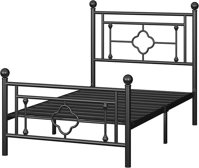 Allewie Twin Size Metal Platform Bed Frame with Victorian Vintage Headboard and Footboard/Mattress Foundation/Under Bed Storage/No Box Spring Needed/Noise-Free/Easy Assembly, Black - LeafyLoom