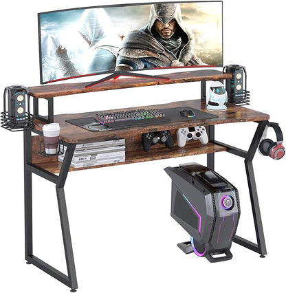 Gaming Desk, Computer Desk with Large Monitor Stand and Open Shelf, PC Laptop Gamer Table Workstation with Cup Holder, Headphone Hook, 2 Speaker Stand for Home Office (Rustic Brown) - LeafyLoom