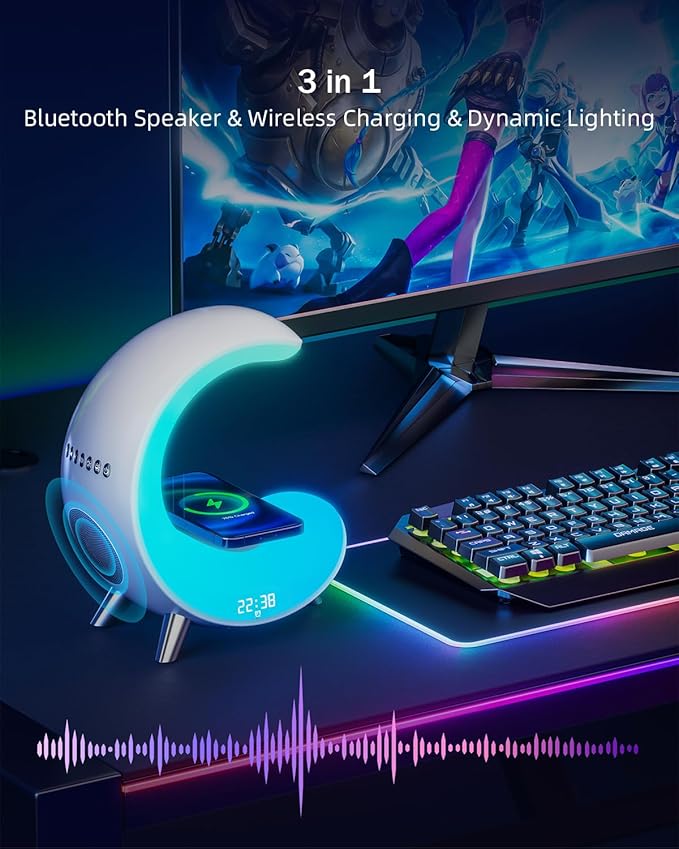 Multifunctional Bluetooth Speaker with Desk Lamp, Table Lamp Ambient Lighting with Wireless Fast Charging, Alarm Clock, Running Lights Table Lamps, Mood lights - LeafyLoom