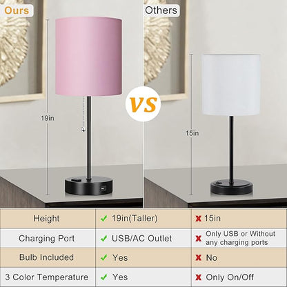 WIHTU 3 Color Temperature Bedside Table Lamps Set of 2, Modern Small Lamp with USB and Outlet, Bedroom Lamp for Nightstand with Chain Switch, Pink Desk Lamp for Living Room, Two Bulbs Included - LeafyLoom