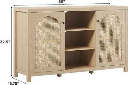 Walker Edison Boho Arched Rattan 2-Door Sideboard, 58 Inch, Coastal Oak - LeafyLoom