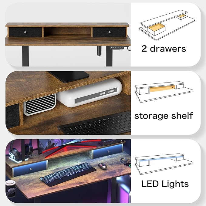 Electric Adjustable Standing Desk, Sit Stand Desk with Power Outlets & LED Lights 48”Adjustable Height Standing Desk with Drawers Adjustable Table Desk Riser for Home Office - LeafyLoom