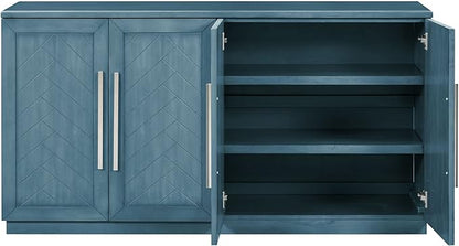 Wooden Sideboard with 4 Doors Large Storage Space,Buffet Cabinet,W/Adjustable Shelves and Silver Handles,Wear-Resistant Performance,for Kitchen,Dining Room,Hallway,Antique Blue, 60" - LeafyLoom