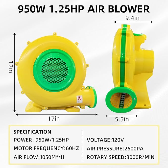 Air Blower, 950W 1.25HP Bounce House Blower, Portable Pump Fan Blower Perfect for Inflatable Bounce House, Bouncy Castle, Jumper, Water Slide, Blower Corded(950 Watt 1.25HP) - LeafyLoom