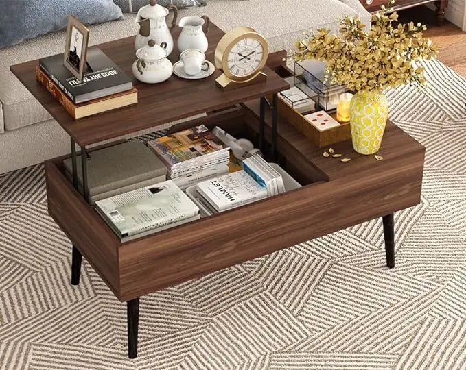 HAIOOU Lift Top Coffee Table, Mid Century Modern Coffee Tables with Drawer for Living Room, Open Storage Shelf, Walnut Cocktail Table TV Stand with Stable Pine Leg Anti-Scratching, Home, Office - LeafyLoom