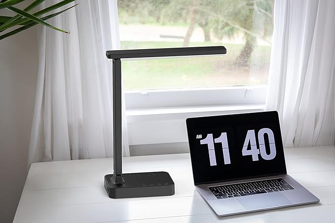 Drevet LED Desk Lamp, Desk Light with 1 USB Charging Port and 2 AC Power Outlet, 3 Lighting Modes, 3 Level Brightness,1H Timer, Touch Control, Eye-Caring Home Office Foldable Table Lamp (Black) - LeafyLoom