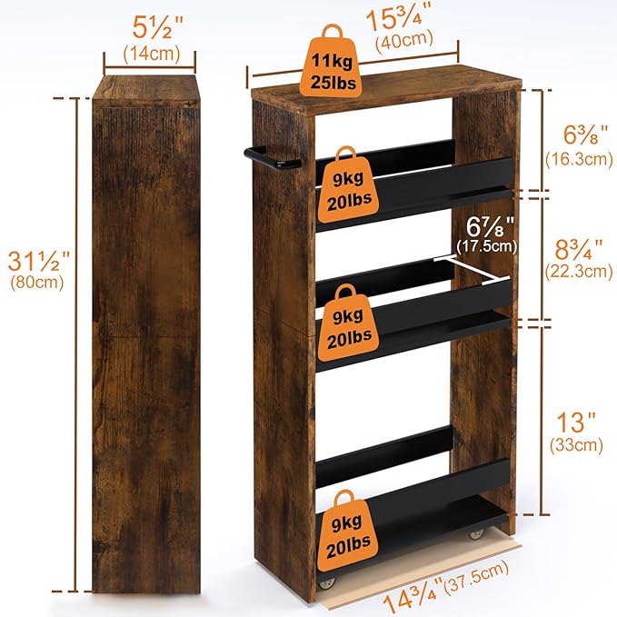 TEAMIX 4 Tier Slim Storage Cart with Handle, Slide Out Storage Rolling Utility Cart Mobile Shelving Unit Organizer Trolley for Small Spaces Kitchen Laundry Narrow Places - LeafyLoom