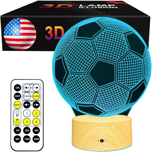 Soccer Gifts Light, Soccer 3D Illusion Lamp Best Gifts for Teen Boys Night Light for Kids Bedroom Room, Football Decor with Remote Control 7 Colors Changing Lights for Birthday, Halloween, Xmas Gift - LeafyLoom