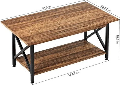 GreenForest Coffee Table Large 43.3 x 23.6 inch Farmhouse Rustic with Storage Shelf for Living Room, Easy Assembly, Walnut - LeafyLoom